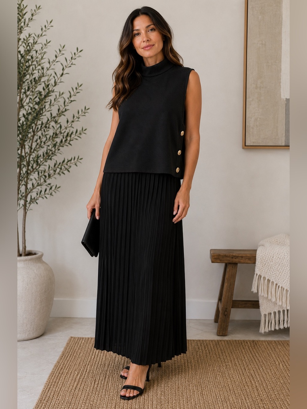 London Times Black Pleated Maxi Skirt Formal Party